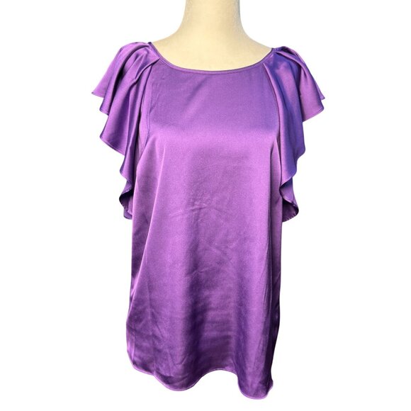 NEW Worthington Womens Purple S silky soft short Sleeve Ruffle Blouse Elegant - Picture 2 of 7